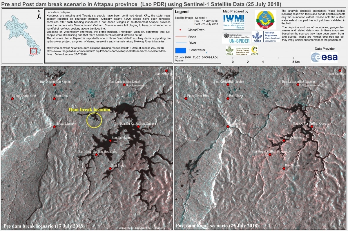 Inundation extent downstream of dam failure in Laos.