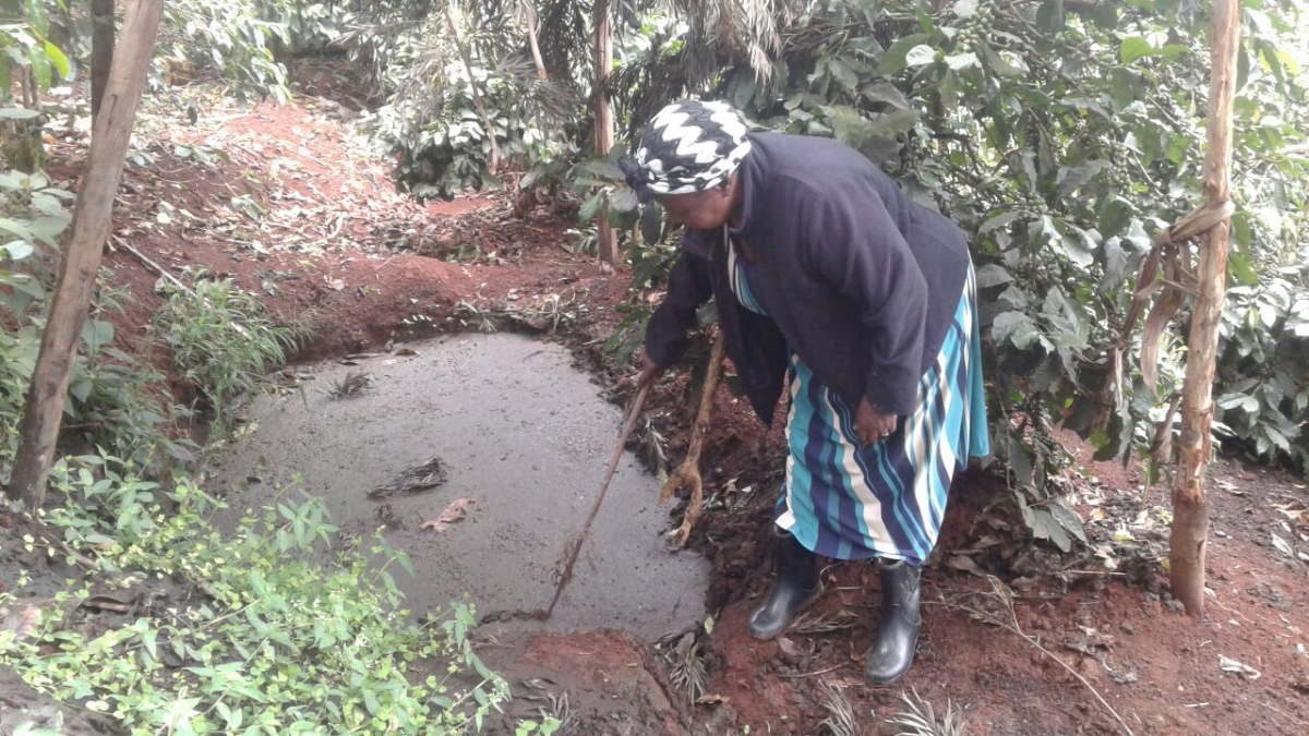 Dionesia Ireri, a coffee farmer in Kenya, stirs the cow dung mixture that she transforms into biogas with the help of a biodigester.