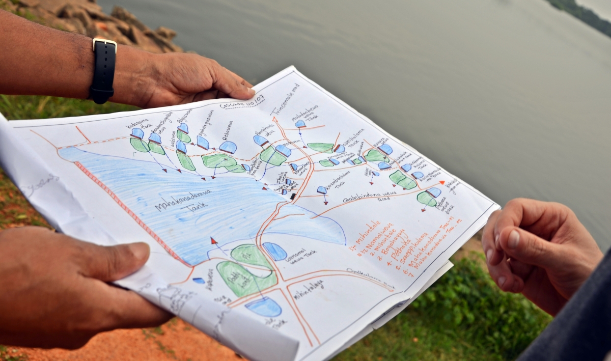 A hand drawn map of one of the tank cascade systems in the Malwathu Oya River Basin of Sri Lanka