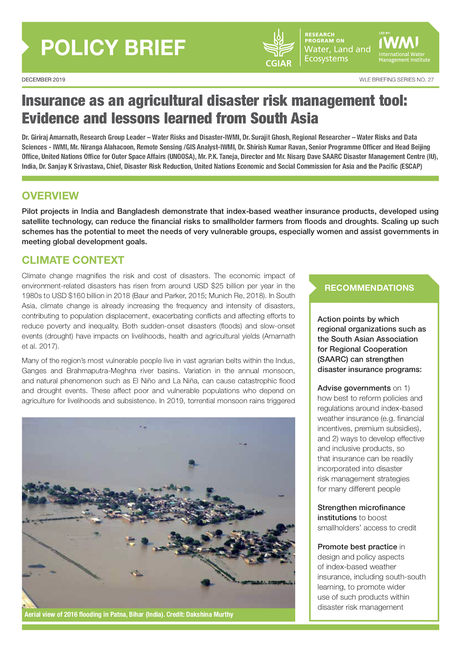 Insurance as an agricultural disaster risk management tool: Evidence and lessons learned from South Asia