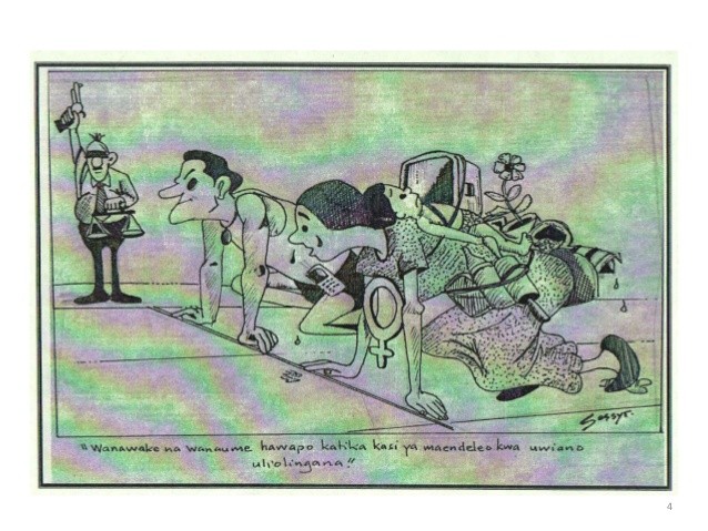 A cartoon from the above-mentioned presentation to demonstrate the heightened constraints experienced by women.