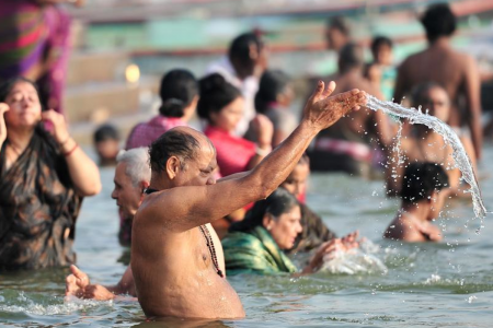 Worshippers take a "holy dip" in the Ganges river at Varanasi, India, one of the most sacred sites for Hindus.