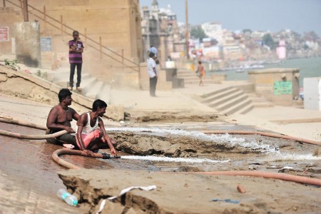 cleaning the ganga ghat steps
