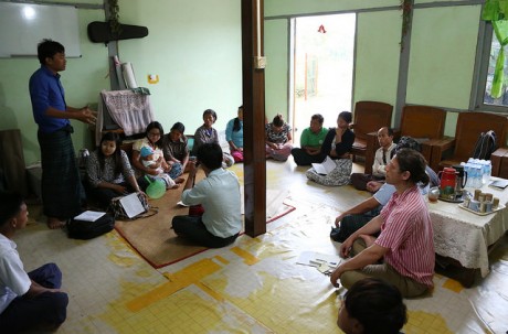 villagers and researchers in Aung Myin Tha Village