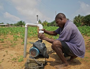 A farmer uses a small pump to irrigate his fields