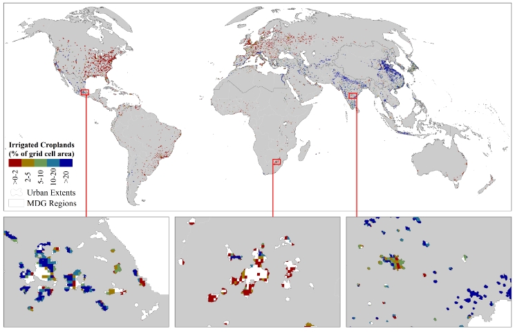 Global map of irrigated and rainfed urban croplands with examples from three world regions