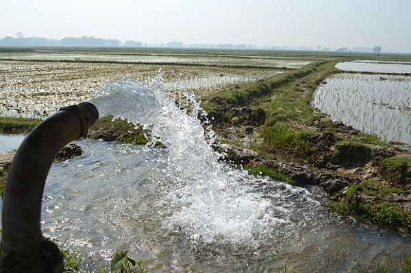 Close-up of water being pumped to irrigate fields in Nepal. 