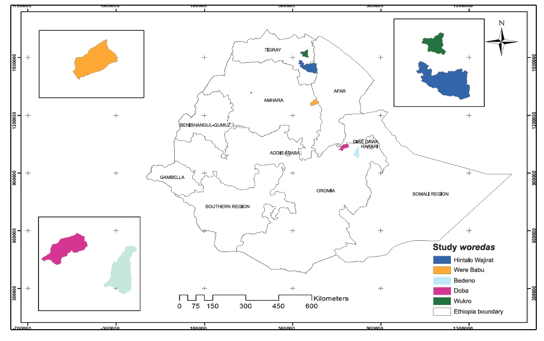 FIGURE 1. Map of Ethiopia and location of study woredas.