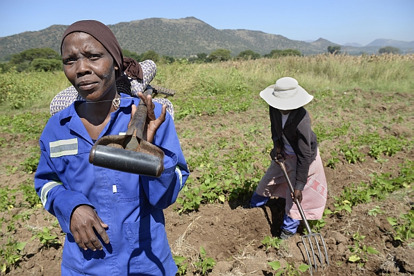 Communal farmers, Rina Monama (Blue overall) and Lebo Phuku (pink dress) work in the fields. 