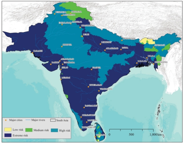 FIGURE 21. Climate change vulnerability map of South Asia based on exposure, sensitivity and adaptive capacity to multiple hazards.