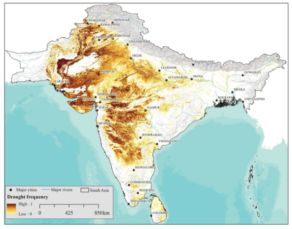 FIGURE 4. Spatial distribution of drought frequency based on 13 years’ time series of MODIS imagery.