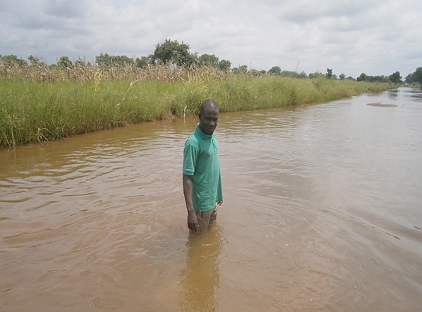 Flooded lands around the Bhungroo site in the Weisi community in northern Ghana
