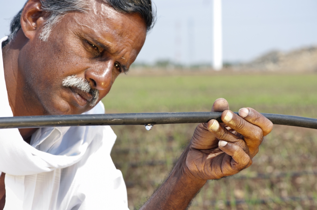 A farmer checks the drip irrigation system system at his rice field in Govindapuram,Tamil Nadu, India.