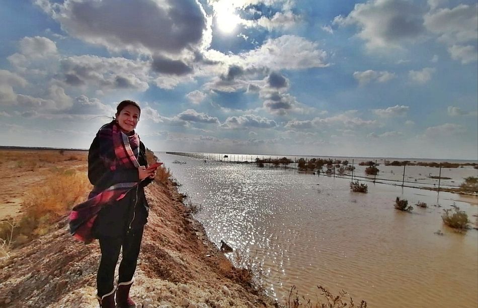 Nafn visiting Azraq mudflat in Jordan, after winter rains, as part of a field visit.