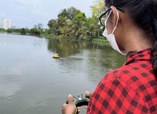Float, an unmanned surface vehicle (USV), being driven around one of the Colombo city's wetlands to collect water quality data.