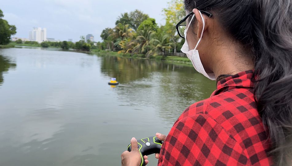 Float, an unmanned surface vehicle (USV), being driven around one of the Colombo city's wetlands to collect water quality data. Photo: Luisa Charles