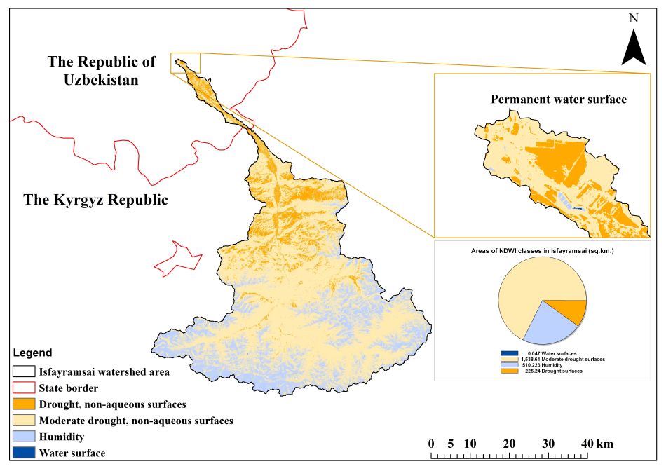 Figure 2. Satellite analysis of the Isfayramsai River basin in early spring 2022. Source: Sardor Khamidov / IWMI