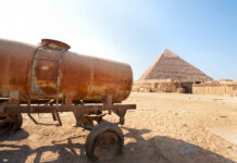 Giza pyramids and water tank, near Cairo, Egypt. IWMI/Hamish John Appleby