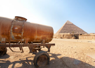 Giza pyramids and water tank, near Cairo, Egypt. IWMI/Hamish John Appleby