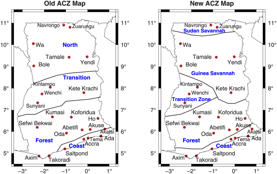 Map 1: Ghana's Savannah-Forest transition belt: A comparison of the old (left) and new (right) Agro-Climatic Zones. 