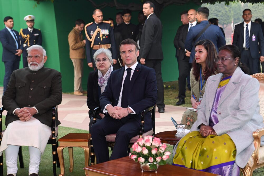 India's Prime Minister Narendra Modi (left), France's President Emmanuel Macron (center) and India's President Droupadi Murmu (right) were at the reception to mark India's 75th Republic Day, hosted at Rashtrapati Bhavan, the president's official residence in New Delhi, India. Photo: Office of the President.