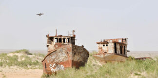Fishing boats left to rust as the Aral Sea shrinks in Central Asia. Photo: IWMI