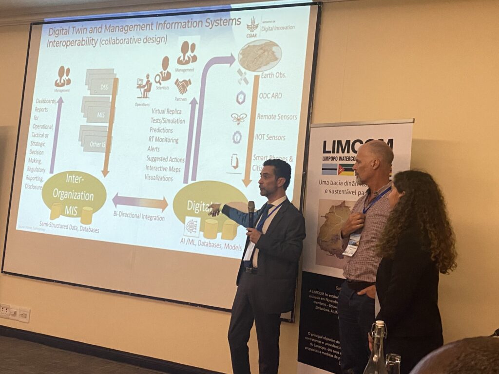 IWMI team presents the digital twin at the workshop (left to right; Paulo Silva, Senior IT Architect, Chris Dickens, CGIAR Digital Innovation Co-lead, Mariangel Garcia Andarcia, CGIAR Digital Innovations Lead of the digital twin project). Photo: Gordon / River of Life
